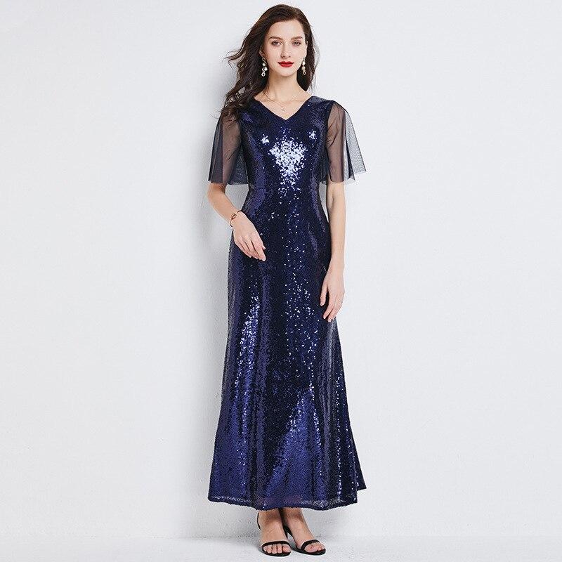 Sexy V Neck Short Sleeves Sequined Fashion Long Party Prom Dress