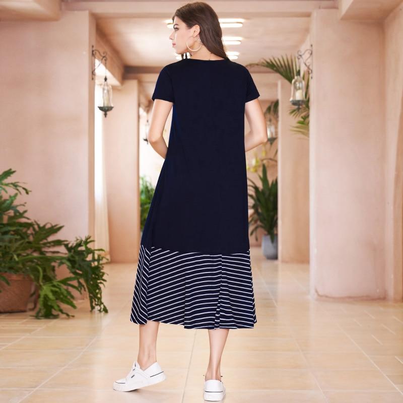 Blue Striped Hem Stitching Straight Long Short Sleeve O-neck College Style Loose Midi Dress