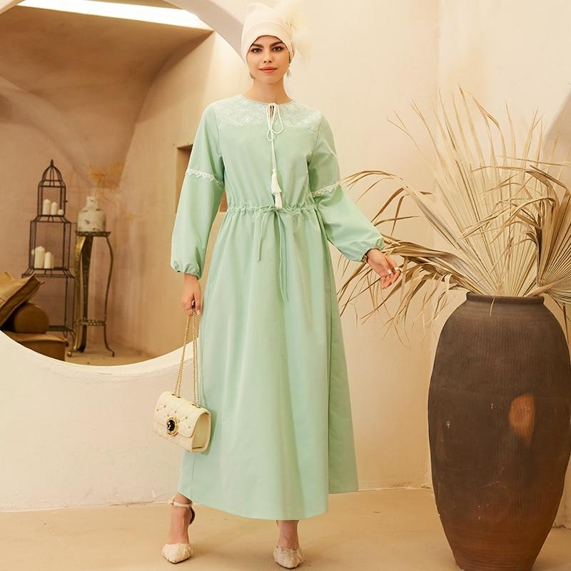 Lace Stitching Mint Green Long-sleeved Ethnic Wind Waist Drawstring Long Sweet Dress (without Headscarf