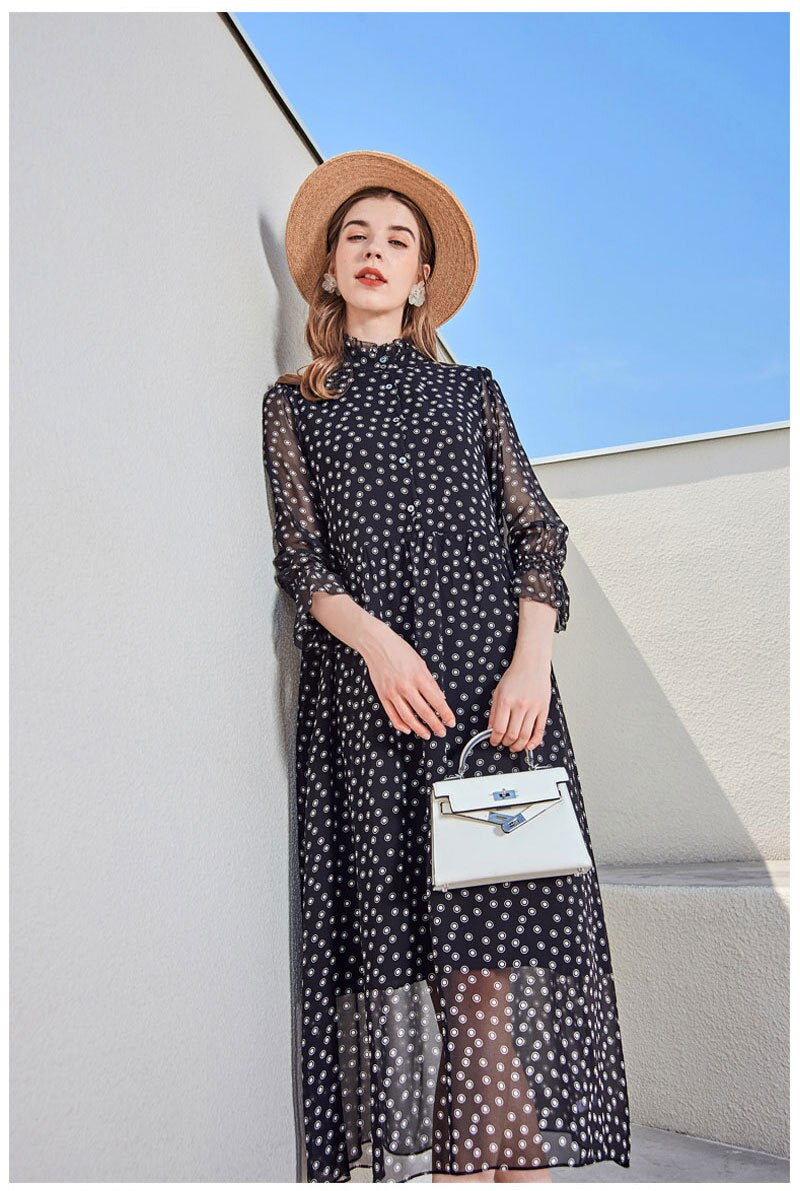 Stand Collar 3/4 Sleeves Ruffles Dots Printed Fashion Casual Summer Dresses