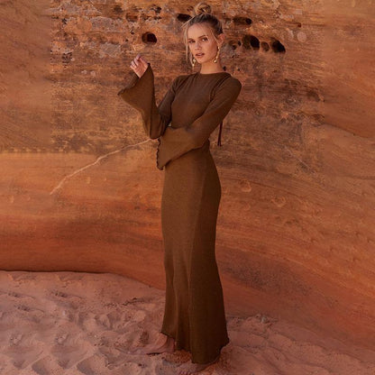 FashionSierra - solid knitted open back flared long sleeve maxi dress