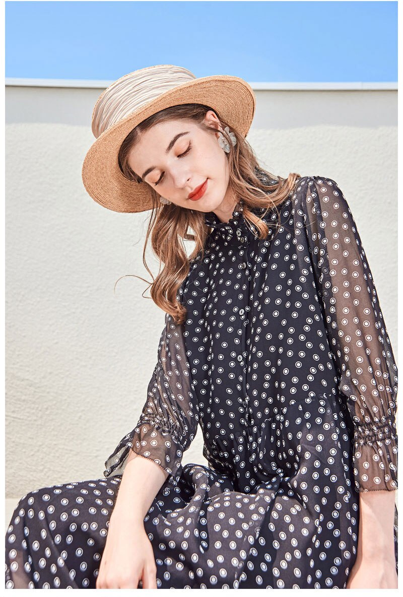 Stand Collar 3/4 Sleeves Ruffles Dots Printed Fashion Casual Summer Dresses