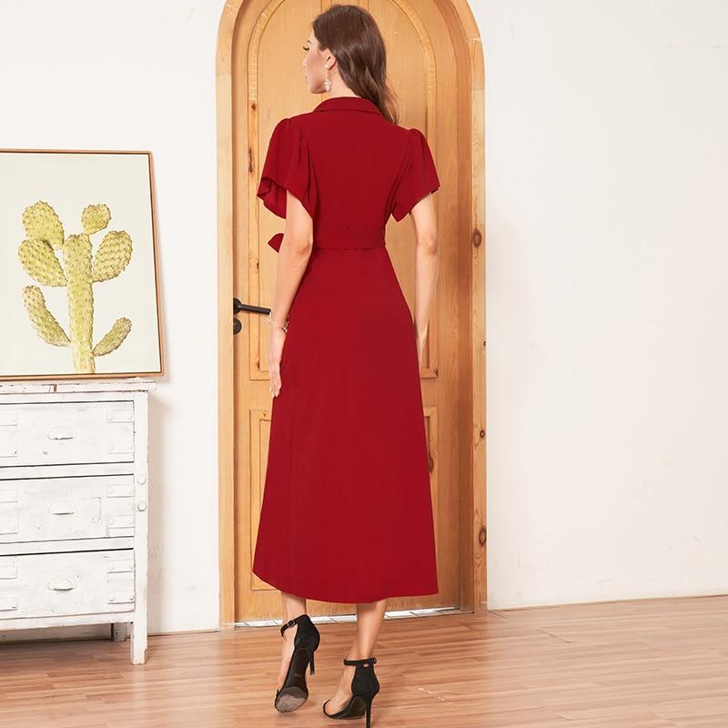 Summer New Women's Fashion Solid Color Waist Temperament Feminine Long Over-the-knee Suit Collar Short-sleeved Stretch Dress