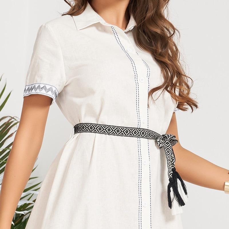 New Summer Midi Dress Women 2021 White Waistbelt Buttons Pure Cotton Casual Bohemia Holiday Style Sweet Short Sleeve Long Robes