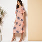 New Summer Dress Women 2021 Pink Floral Printing V-neck Slim-fiitted Ruffle Short Sleeves A-line Thin Chiffon Sweet Midi Dresses