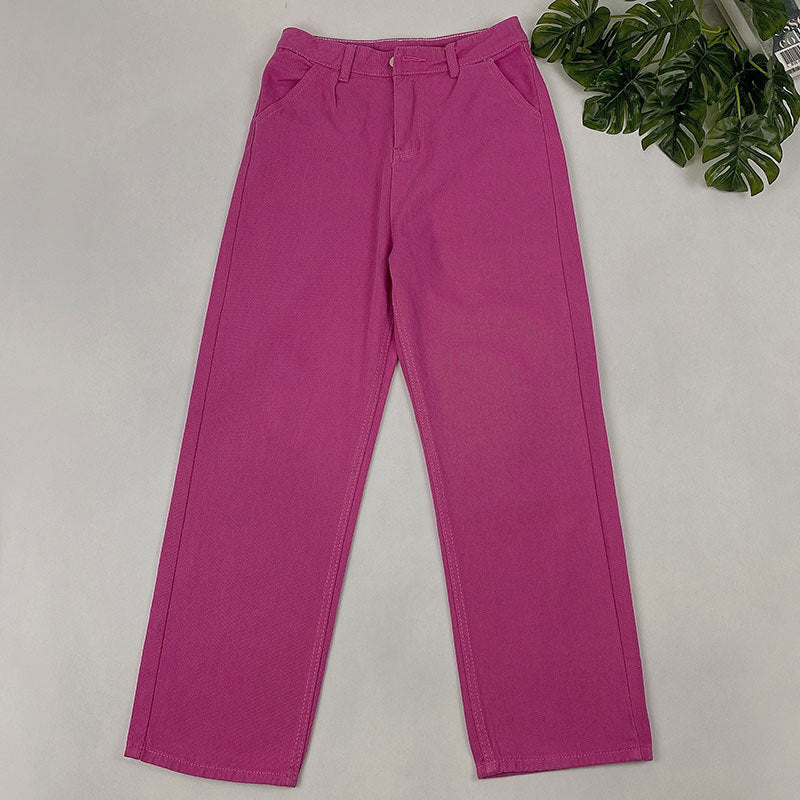 Hot Pink Pants Jeans Y2k Baggy Women Straight Leg Denim Streetwear High Waist Women's Loose Pants
