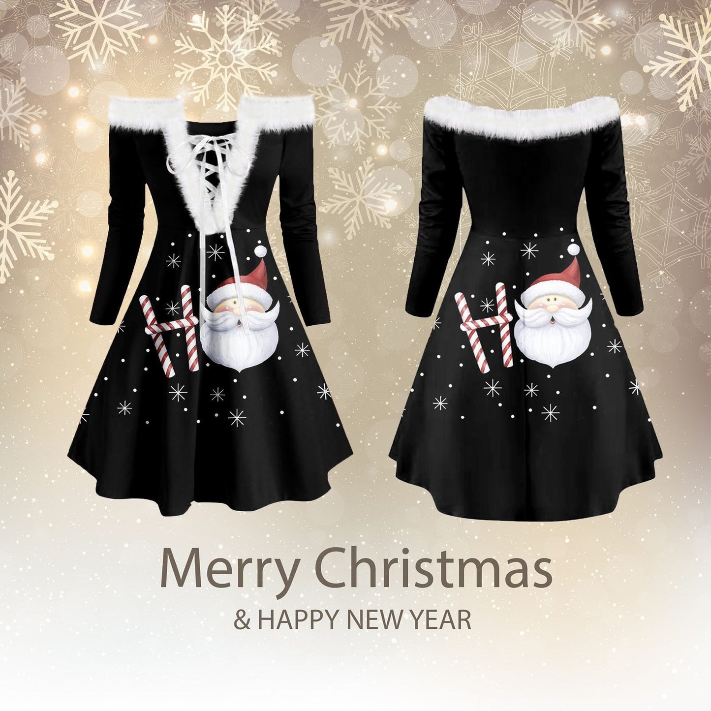 Women's Dress Ladies Fur-collar Strapless Party Dresses Sexy Lace-up Christmas Print Retro Plush Long-sleeved Female Dress