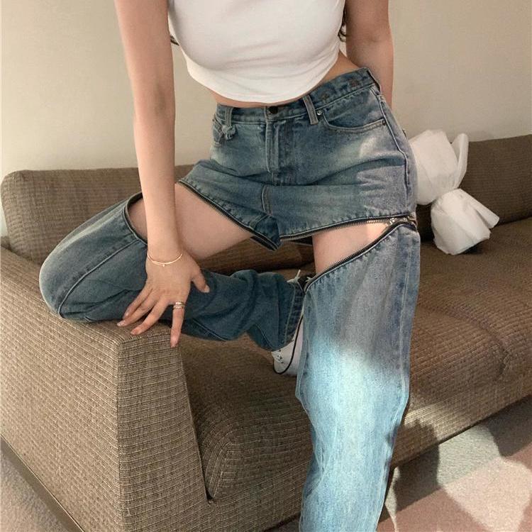 Hot Womenzipper Jeans Women High Waist Slimming Straight Loose Design Pants