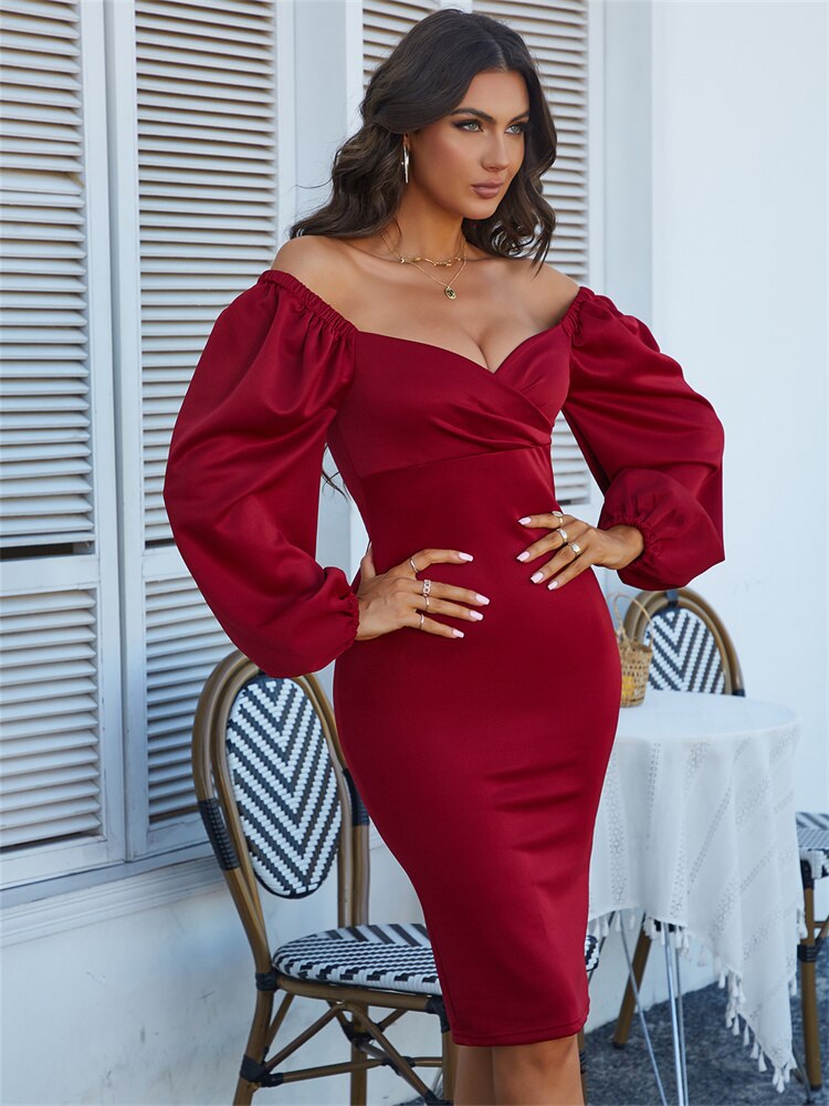 Pure Classic V-Neck Off Shoulder Bodycon Party Dress