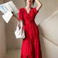 Women Cotton Patchwork Lace Dresses V-Neck Lantern Sleeve Maxi Dress