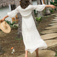 Women Cotton Patchwork Lace Dresses V-Neck Lantern Sleeve Maxi Dress