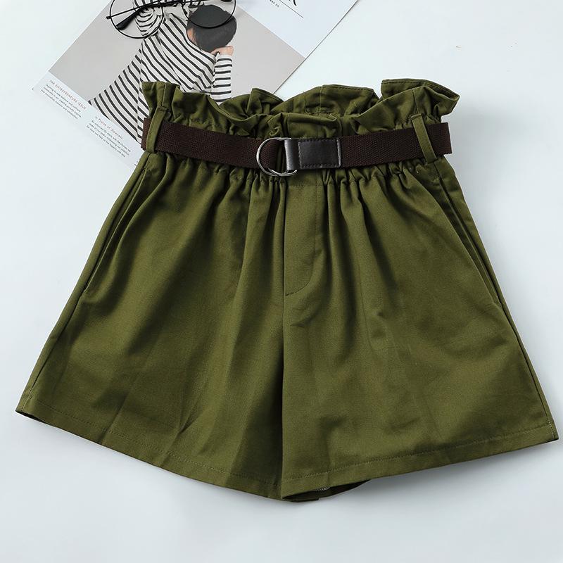 Loose High Waist Slim Loose Green Shorts Women Black Paperbag Shorts