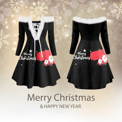 Ladies Party Dresses Women's Dress Fur-collar Strapless Sexy Lace-up Christmas Print Retro Plush Long-sleeved Female Dress Hot