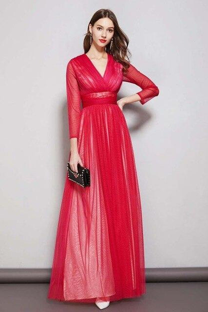 Sexy V Neck Long Sleeves Ruched Waist Layered Elegant Maxi Dresses