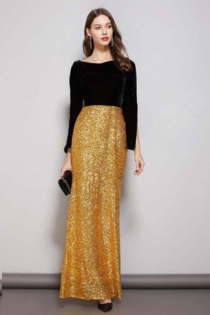 Long Sleeves Velvet Bodice Patchwork Sequined Elegant Floor Length Dresses