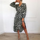Leopard Women Chiffon Long Dress Long Sleeve Deep V-neck Party Dress
