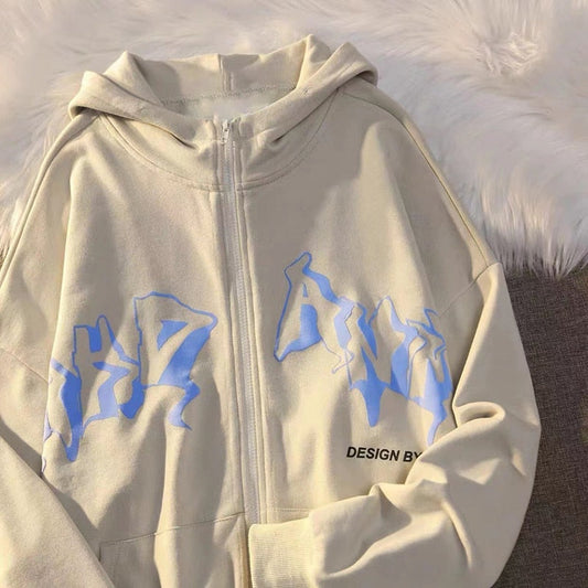 FashionSierra - Letter Print Zip Up Hoodies