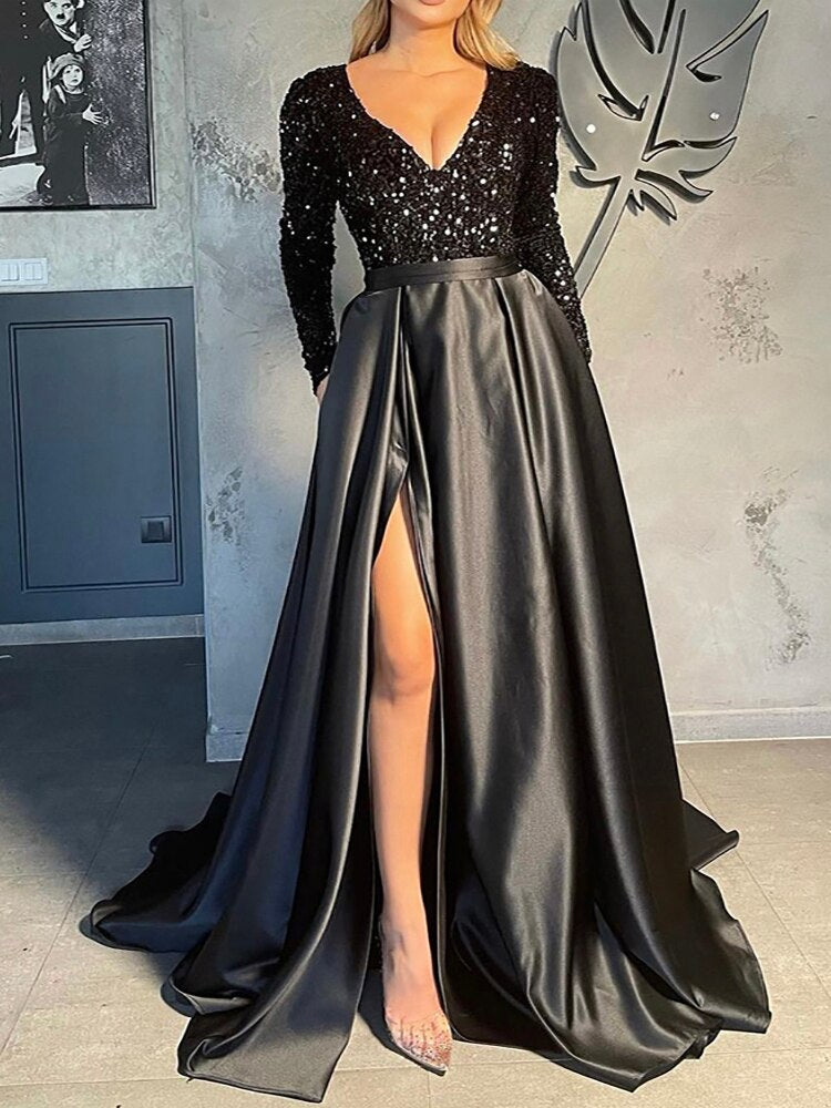 2023 Lush Black Sequin Patchwork Maxi Prom Dress