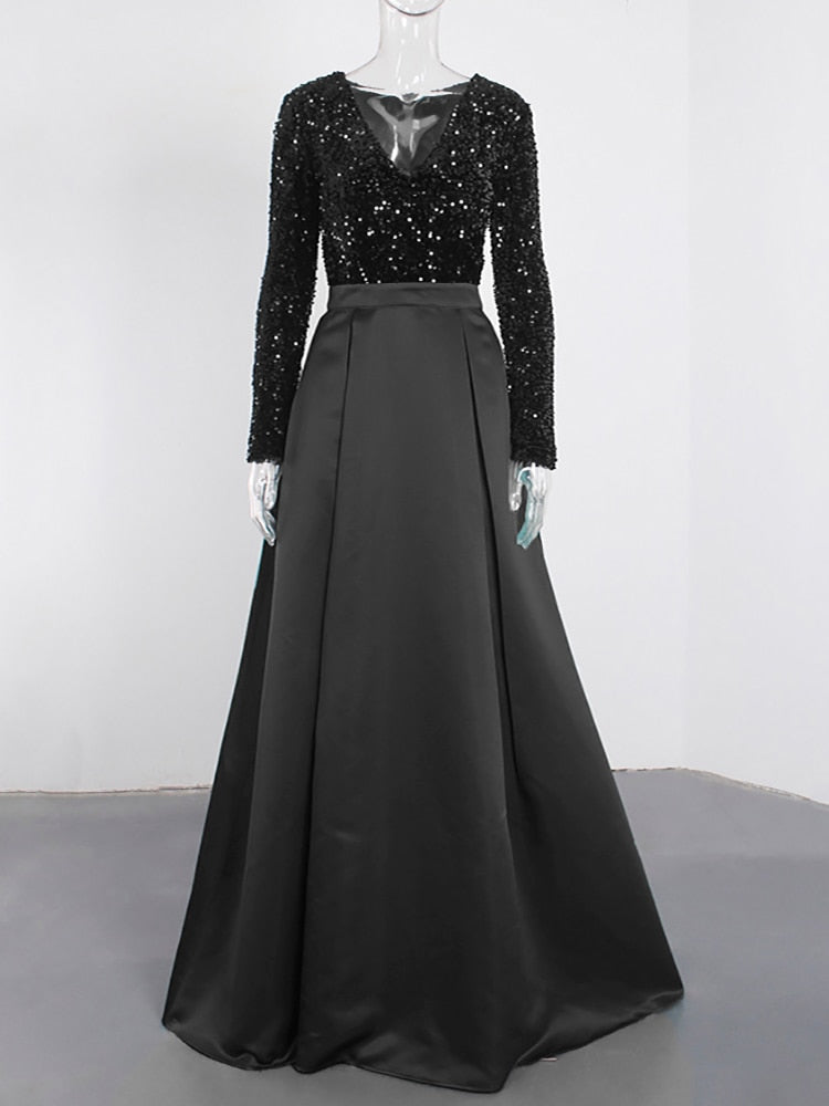 2023 Lush Black Sequin Patchwork Maxi Prom Dress
