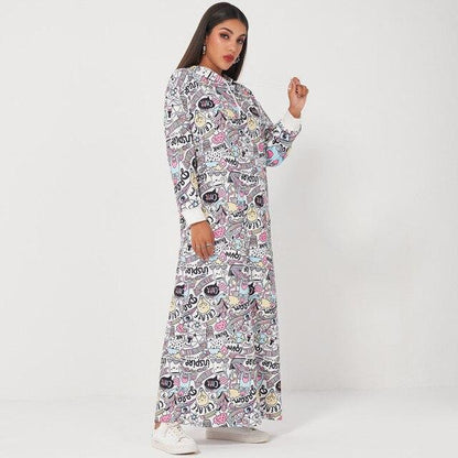 New Summer Women Long Hooded Dress White Casual Letter Cartoon Printed Drawstring Loose Fashion Long Sleeve Dresses