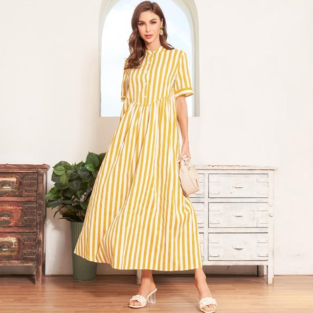 New Summer Women Yellow Striped Long Dress Button Short-Sleeve Maxi Dress Plus Size Dress Casual Loose Fat Large Dresses