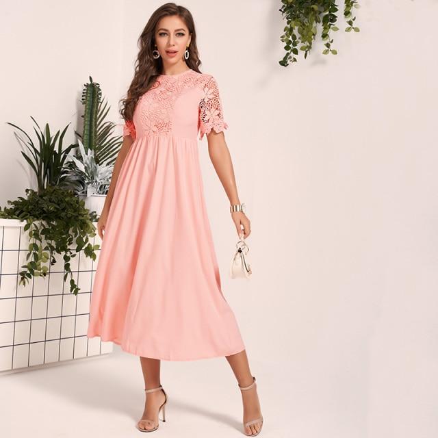 New Women Lace Dress Sweet Pink Guipure Lace Insert Hollow Out O Neck Fit Flare Midi Dresses Party Dress Summer