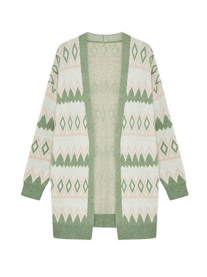 Green White Knee Length Loose Open Cardigan Sweater