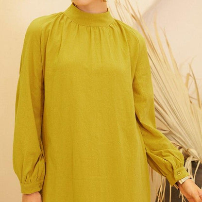 New Arrivals Summer Ladies Long-sleeved Half-high Collar Cotton And Linen Bottom Slit Solid Color Arabi Yellow Long Dress