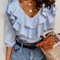 New Blue Striped Ruffles Collar Blouse for Lady Half Sleeve V-Neck Shirts