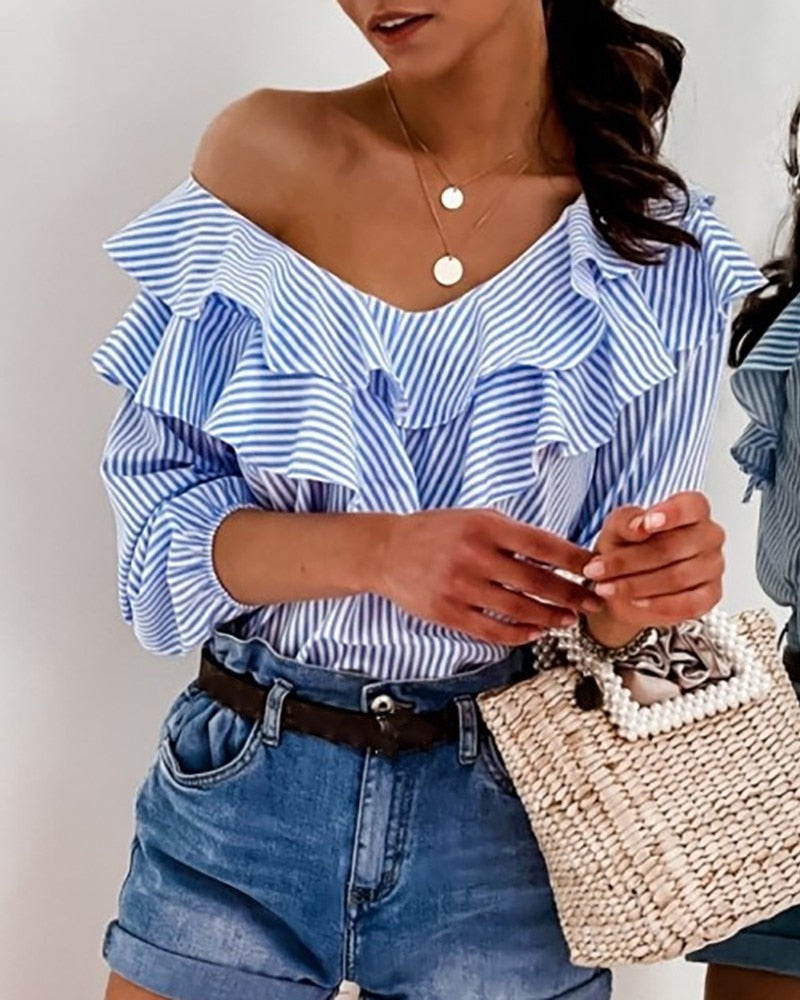 New Blue Striped Ruffles Collar Blouse for Lady Half Sleeve V-Neck Shirts