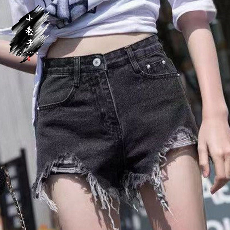 New High Waist Denim Shorts Women Plus Size Pocket Tassel Hole Ripped Jeans