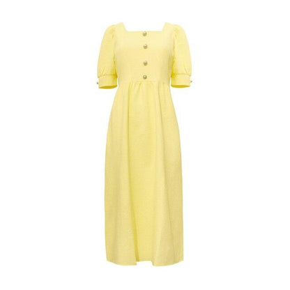 French Palace Style Square Neck Puff Sleeve High Waist Slim Sweet A-line Long Dress