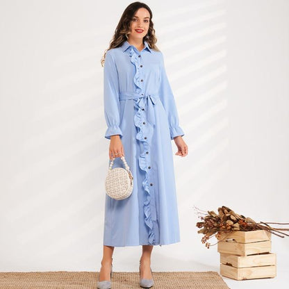 Ladies Fashion Placket Ruffle Stitching Lapel Solid Color Loose Tie Belt Sweet Long Shirt Blue Woman Dress