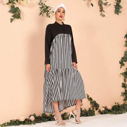 Ladies Elegant and Fashionable Color Matching Loose Striped Asymmetrical Dress Long Dress (without Heads