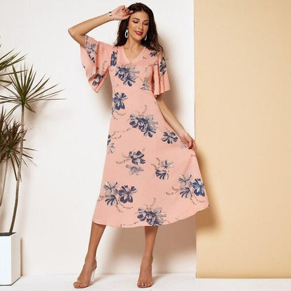New Summer Dress Women 2021 Pink Floral Printing V-neck Slim-fiitted Ruffle Short Sleeves A-line Thin Chiffon Sweet Midi Dresses