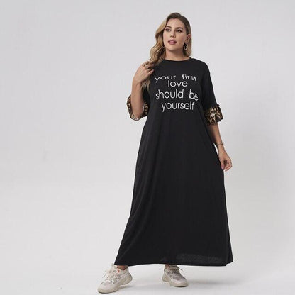 New Summer Dress Women 2021 Plus Size Black O-neck Leopard Splicing Half Sleeves letter Printing Loose Casual  sports Dresses
