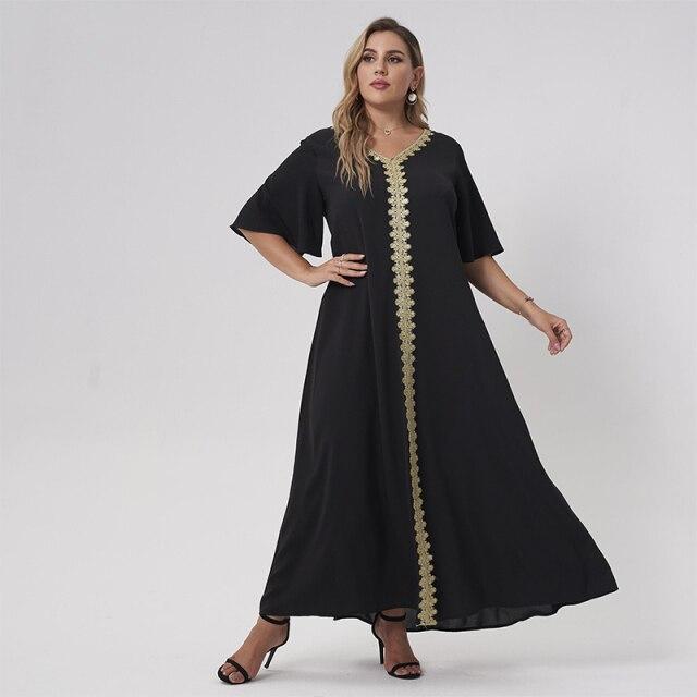 Maxi Dress Women Plus Size 2021 Black Loose Embroidery Selvedge Hemmed V-neck Ruffle Half Sleeve Elegant Vintage Robe