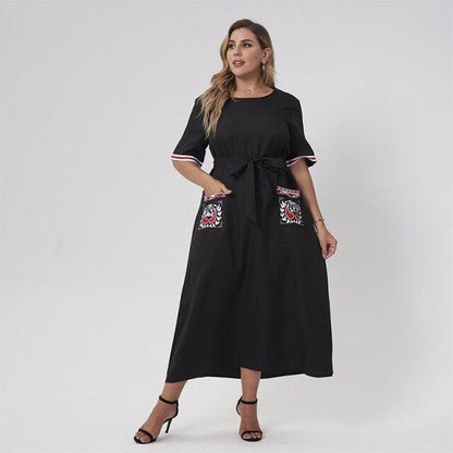 Summer Maxi Dress Women Plus Size Black Loose Pockects Plant Hand-painted Print Striped Short Sleeve Large Party Robes