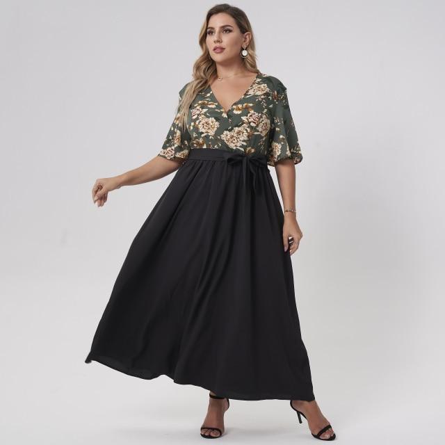 Summer Maxi Dress Women Plus Size Green And Black Loose Floral Print Belt Half Sleeve V-neck Holiday Casual Large Robes