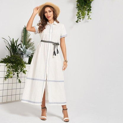 New Summer Midi Dress Women 2021 White Waistbelt Buttons Pure Cotton Casual Bohemia Holiday Style Sweet Short Sleeve Long Robes