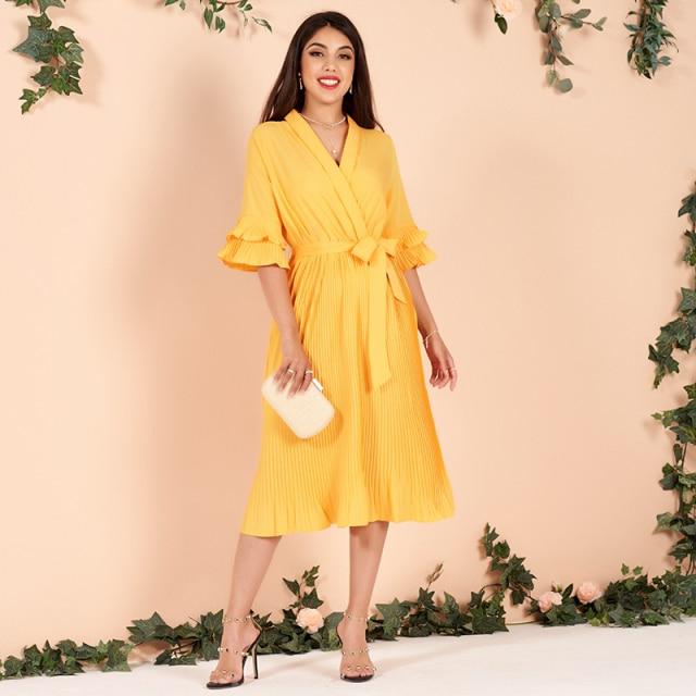 Solid Yellow V-Neck Petal Sleeves Bow Tie Corset Ruffle Hem Dignified Sweet Maxi Long Dresses
