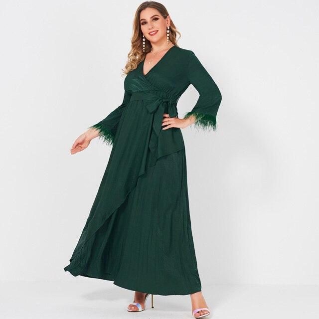 New Women's Fashion V-neck Long-sleeved Stitching Belted Slim Fit Large Size Elastic Waist Pleated Banquet Sweet Green Dress