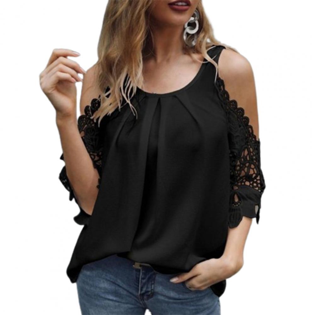 O Neck Ladies Tops Off Shoulder Hollow Lace Sleeves Blouse Summer Loose Pure Color Sexy 
 Shirt