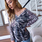 Casual V-neck Top Camouflage Print Long Sleeve T-shirt