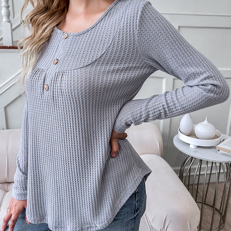 Solid Round Neck Casual Loose Long Sleeve T-shirt