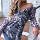 Casual V-neck Top Camouflage Print Long Sleeve T-shirt