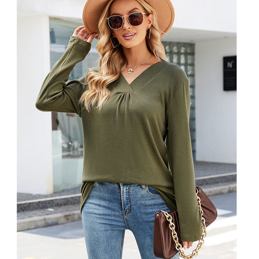 Casual V-Neck Solid Long Sleeve Loose T-shirt