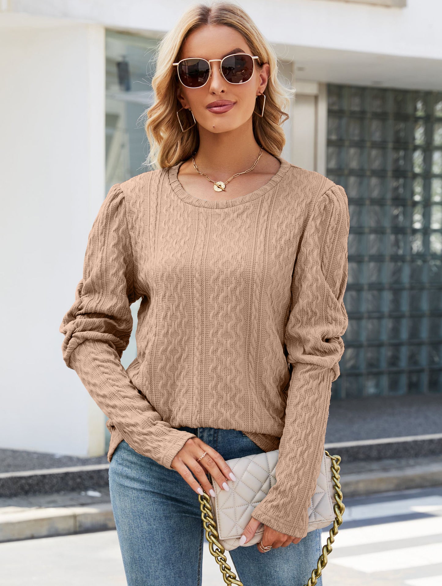 Solid Color Round Neck Bubble Sleeve Knitted Sweater