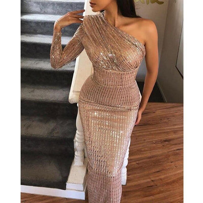 One Sleeeve Bodycon Sequined Dress