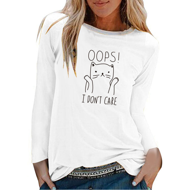 Oops Don't Care Cat Print Long Sleeve Tee